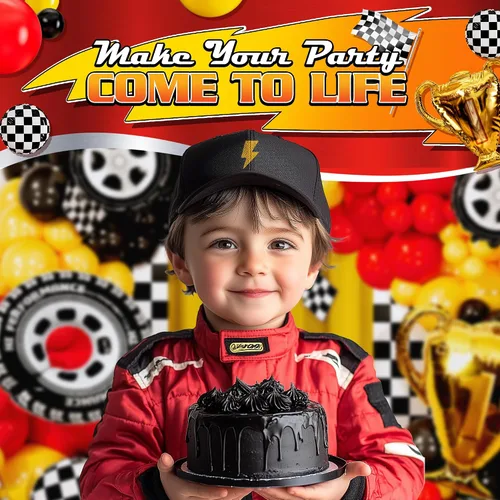 Miniatura 7 de Kit de arco de globos de coche de carreras TODO-EN-1 y guirnalda con TROFEO de REGALO y Número 2 - Globos de coches de carreras para suministros