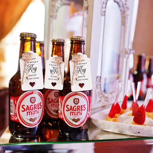 Miniatura 7 de 100 piezas de abrebotellas para recuerdos de boda, abrebotellas con llave de esqueleto vintage, abrebotellas con tarjetas de escolta y llaveros, Oro
