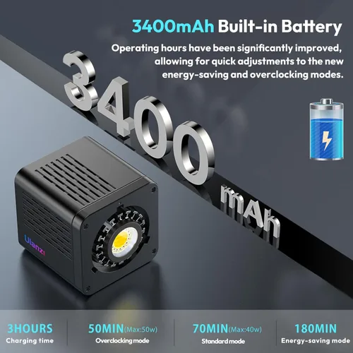 Miniatura 3 de ULANZI Luz de Video LED RGB Portátil de 40W Pro con Adaptador de Corriente DC, Batería Incorporada de 3400mAh, Mini Luz Continua COB de Metal