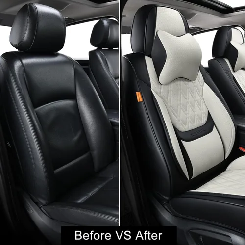 Miniatura 5 de Fundas de asiento delantero de automóvil, par de fundas de asiento delantero de cuero transpirable con reposacabezas, funda universal de asiento