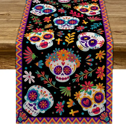 Miniatura 6 de Pudodo Camino de mesa del Día de los Muertos con calavera de azúcar, Día de los Muertos, festival mexicano, vacaciones, cocina, comedor, decoración
