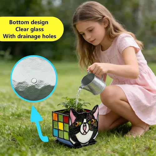 Miniatura 6 de Macetas Tiffany Lindas con Gatos de Vidrio Manchado, Para Plantas de Interior y Exterior, Maceta de Plantas con Gato Negro, Portavelas Contenedor