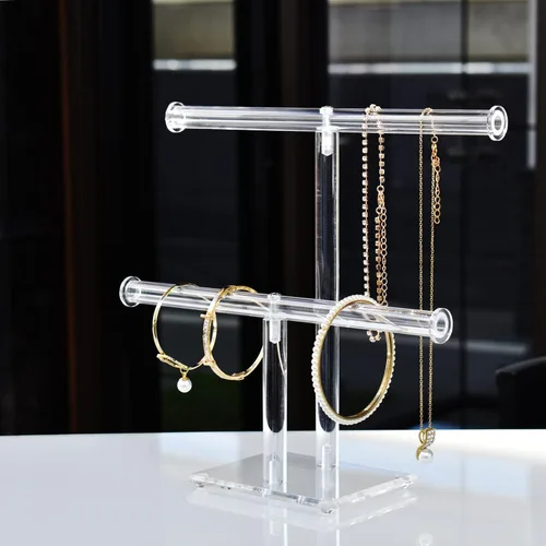 Miniatura 8 de MOOCA Organizador de joyas de acrílico transparente de lujo, soporte de pulsera de barra en T de 2 niveles, soporte de collar acrílico, soporte