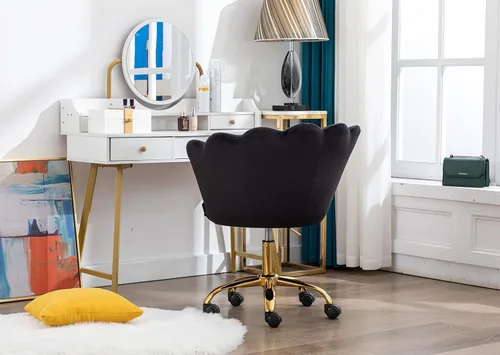 Miniatura 7 de Cómoda silla de trabajo para oficina en casa con ruedas, bonita y moderna tapizada de terciopelo con respaldo de concha, silla de escritorio