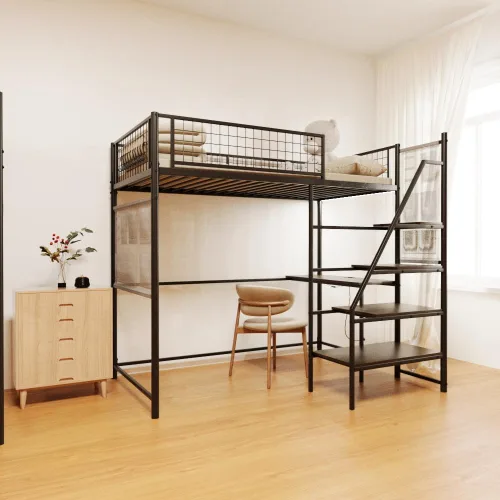 Miniatura 17 de KEIKI Litera Full sobre Twin con Estación de Carga, Cama Alta de Metal con Escritorio & Protector de Seguridad & Escaleras, Marco de Cama de Metal