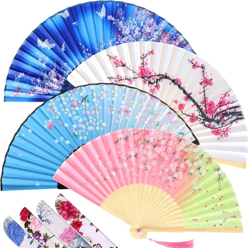 Miniatura 8 de Zonon Paquete de 4 abanicos plegables florales de mano, abanicos de bambú de seda con borla para mujer, ventilador plegable de mano ahuecado