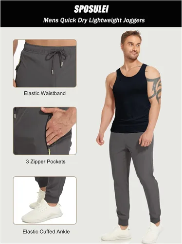 Miniatura 5 de SPOSULEI Mens Lightweight Athletic Joggers Hiking Sweatpants Quick Dry Running Workout Tapered Pants with Zipper Pockets