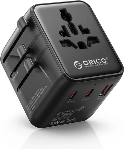 ORICO Adaptador de viaje universal con 2 CA 2 USB-C y 1 conector USB-A, adaptador de corriente internacional PD 20W, cargador de pared esencial de