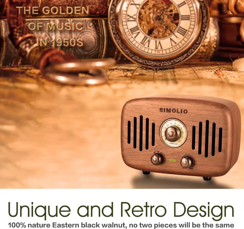 Miniatura 7 de SIMOLIO Altavoces Bluetooth retro de radio vintage, fuerte y potente sonido estéreo de 2 x 8 W, altavoz de madera de nogal negro natural con radio