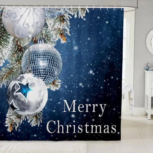 Miniatura 18 de Homewish Cortina de ducha de árbol de Navidad, juego de cortina de ducha de baño con diseño de copo de nieve dorado para niños y adultos, cortina