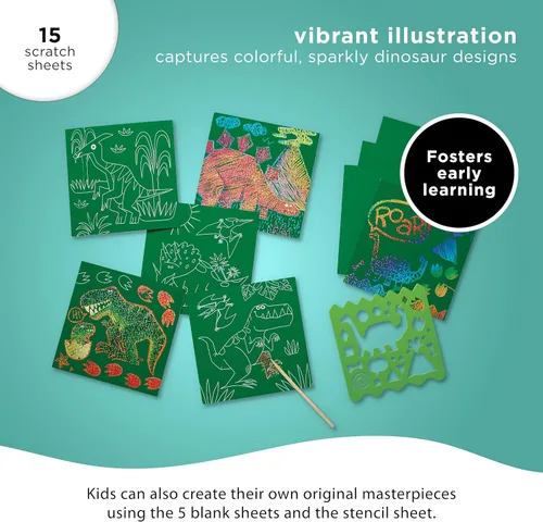 Miniatura 3 de Crocodile Creek Dinosaurs Sparkle Scratch Art para niños, juego de 16 hojas de arte para rascar con 10 hojas temáticas, 5 hojas en blanco, plantilla