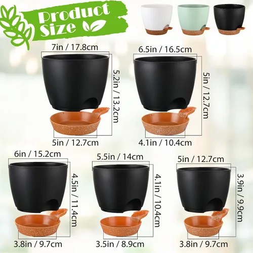 Miniatura 2 de Remerry 15 macetas de riego automático de 7/6.5/6/5.5/5 pulgadas con orificio de drenaje, macetas de plástico, maceta de riego automático y depósito