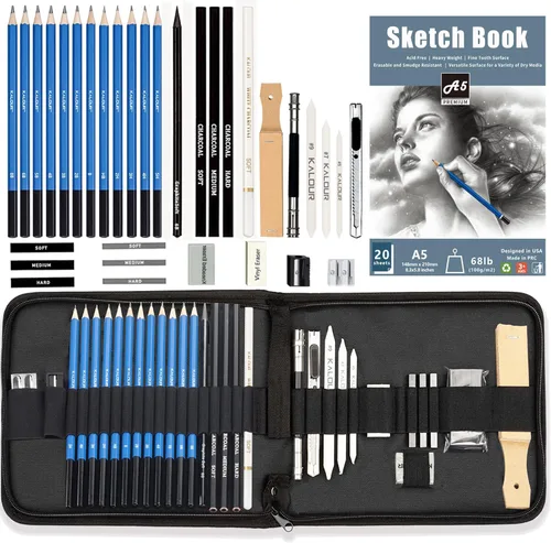KALOUR Juego de 34 lápices de bocetos con cuaderno de bocetos, estuche de viaje con cremallera, boceto, carbón, borrador, suministros de dibujo