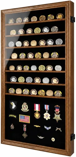 Jinchuan Expositor de Monedas Militares con Cerradura, Gabinete de Exhibición, Caja de Sombra con Estantes Desmontables de 2 Ranuras y Vidrio de
