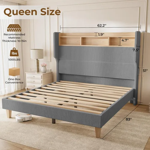Miniatura 2 de HOMRELEXA Base de cama tamaño matrimonial para niñas con cabecera de 51 pulgadas de alto, luces LED y estación de carga, plataforma tapizada de pana