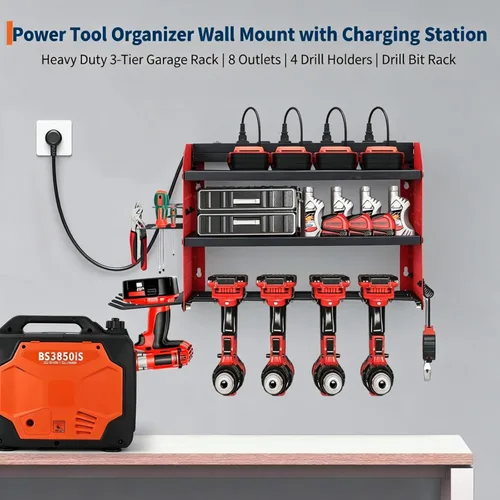 Miniatura 2 de Organizador de herramientas eléctricas con estación de carga, estante de garaje resistente de 3 capas con 8 tomas, 4 estantes de almacenamiento