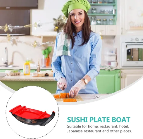 Miniatura 6 de Bandeja para servir sushi barco de 13.6 pulgadas, de plástico, estilo japonés, plato rectangular largo para platos de pescado Sashimi y presentación
