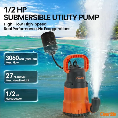 Miniatura 2 de Cleartide Bomba de sumidero sumergible con interruptor de flotador con correa, bomba de agua utilitaria de 1/2 HP, bomba de drenaje eléctrica maneja