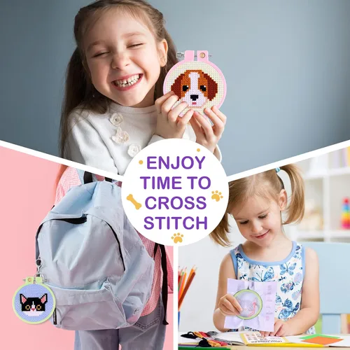 Miniatura 6 de Caydo 5 piezas de kits de punto de cruz para niños con patrones de gatos y perros, kits de punto de cruz estampados para principiantes, llavero DIY