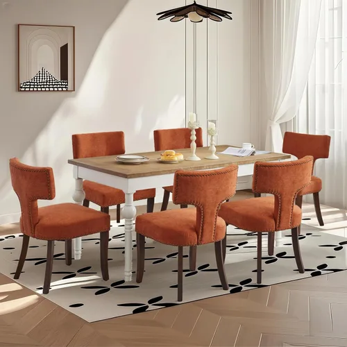 Miniatura 13 de SoarFlash Juego de 2 sillas de comedor modernas de madera, silla tapizada de tela de lino de granja, respaldo curvado con clavos de cobre alrededor