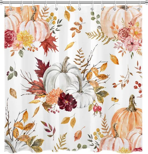 Miniatura 4 de Cortina de ducha de otoño para baño, cortina de ducha floral de calabaza rosa y naranja con hojas de arce sobre blanco con ganchos, cortinas de baño