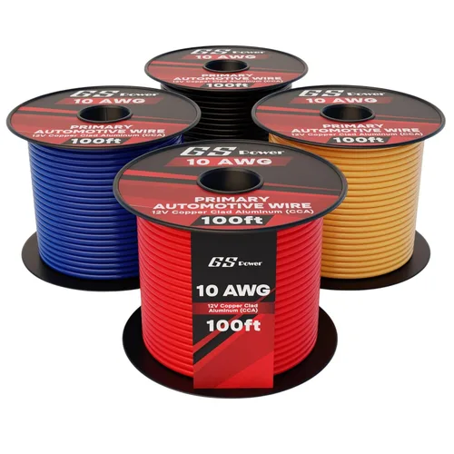 GS Power Cable de calibre 10 CCA de 400 pies para automóvil, 4 colores de 100 pies por rollo, 10 AWG 12 V, cable eléctrico de altavoz flexible de