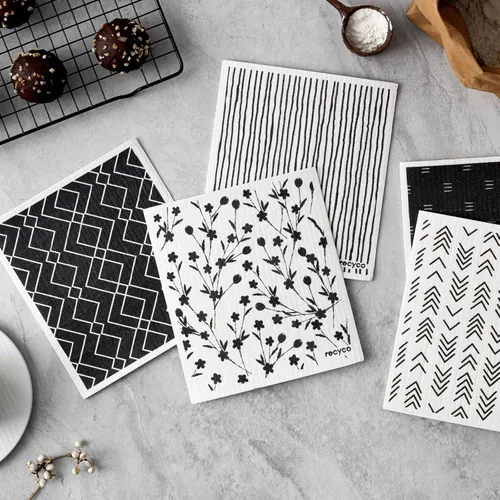 Miniatura 2 de RECYCO Paños suecos para cocina Paquete de 5 trapos geométricos lavables Toallas de papel de limpieza reutilizables de celulosa Paño