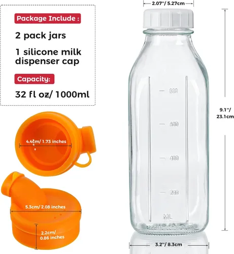 Miniatura 5 de Botellas de leche de vidrio reutilizables de 32 onzas con tapa dispensadora de silicona, paquete de 2 frascos de vidrio con tapa hermética de rosca