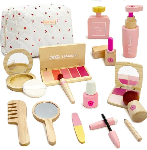 Juego de juguetes de maquillaje de madera para niñas, kit cosmético realista con lápiz labial y espejo, regalo de juego de simulación para niños