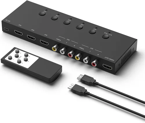 Y.D.F Conmutador HDMI 2.0 de 3 vías + 2 convertidores RCA a HDMI (2 en 1) Conmutador CVBS compuesto AV de 2 vías a adaptador HDMI, compatible con