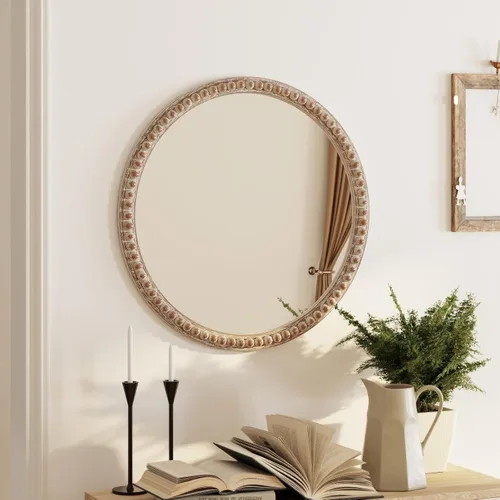 Miniatura 5 de COZAYH Espejo decorativo con marco de madera envejecida, espejo decorativo de pared estilo rústico (redondo)