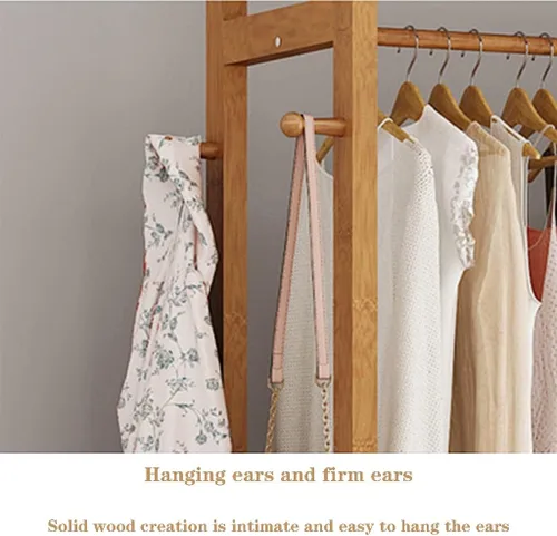 Miniatura 4 de Perchero de madera independiente para ropa, con 2 estantes de almacenamiento y 4 ganchos, ideal para almacenamiento de ropa de dormitorio
