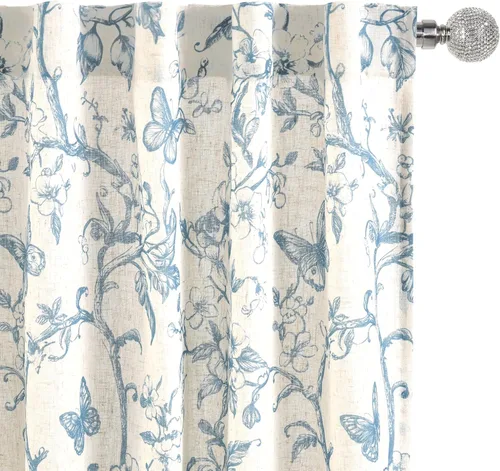 DWCN Cortinas traslúcidas de lino floral, bolsillo para barra y pestaña trasera, cortina de mezcla de lino para dormitorio, sala de estar, cortinas