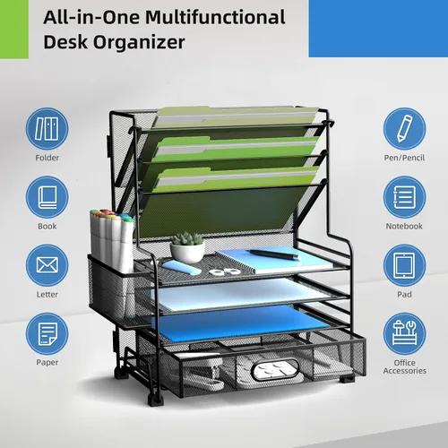 Miniatura 4 de MINDEPOT Organizador de papel de 4 niveles + soporte para archivos de 3 bolsillos + cajón + soportes para bolígrafos, organizador de archivos