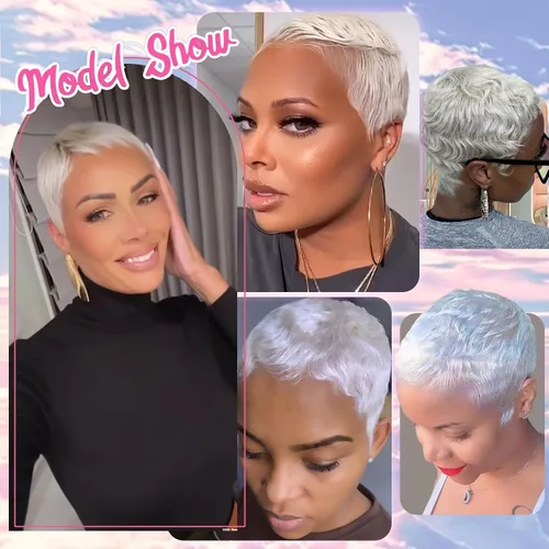 Miniatura 4 de Peluca Pixie blanca corta para mujeres negras, peluca blanca de corte pixie para mujeres negras, pelucas de pelo corto sintético en capas