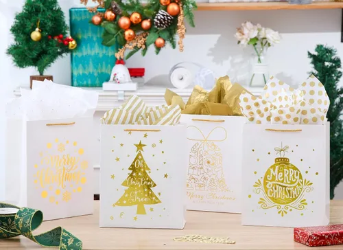 Miniatura 3 de UNIQOOO 12 bolsas de regalo grandes de papel de aluminio dorado blanco y metálico, 4 diseños surtidos de copos de nieve de árbol de Navidad