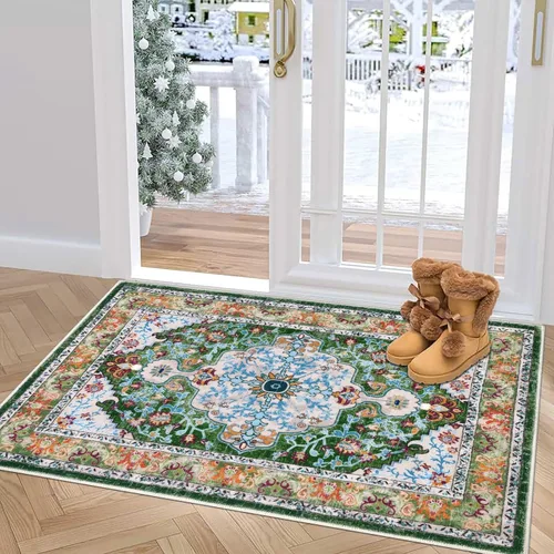 Miniatura 6 de U'Artlines Alfombra de Área Bohemia Lavable, 2x3 Pequeña Suave Antideslizante Vintage Felpudo para Puerta Frontal Interior Alfombra Verde
