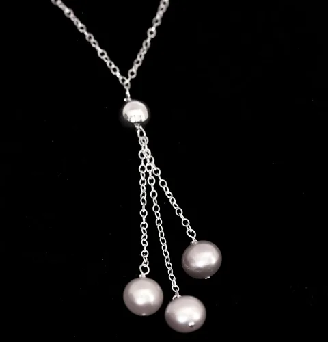 Miniatura 3 de Collar Lariat de plata de ley con 3 perlas cultivadas de agua dulce, 18 largo, Plata esterlina, Perla