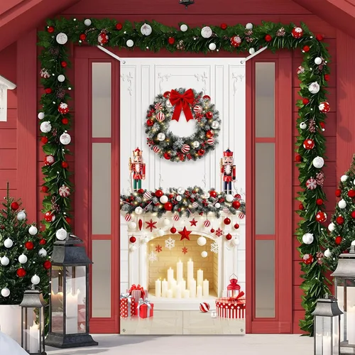 Miniatura 10 de Buryeah Decoración de puerta de Navidad, cubierta de puerta de chimenea de Navidad, pancarta de cascanueces de Navidad, telón de fondo, soporte