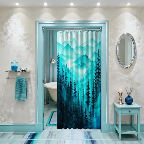 Miniatura 32 de Cortina de ducha azul marino de bosque Cortina de ducha azul oscuro de montaña y naturaleza para decoración de baño de hombres, tela impermeable