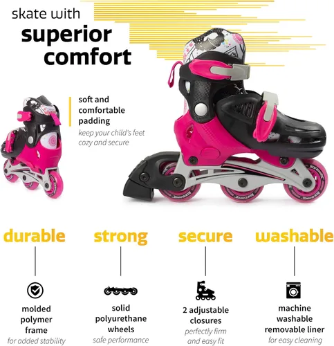 Miniatura 4 de New Bounce Patines para niños pequeños – Talla de zapato EU 28-31, US Kids Junior Size 8-11, 2 en 1 Patines para niñas, convertidos de tres ruedas a