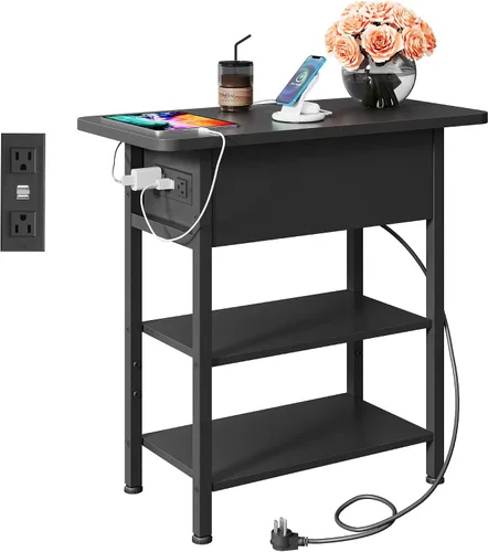 WLIVE Mesa auxiliar con estación de carga, mesa auxiliar estrecha con estante de almacenamiento, mesita de noche pequeña con puertos USB y tomas,