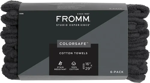Fromm ColorSafe - Toallas de pelo 100 % algodón a prueba de blanqueador para estilistas, peluqueros, spa, gimnasio en negro, 16 x 29 pulgadas, 6