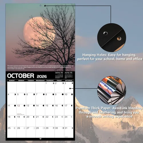 Miniatura 3 de Calendario de pared 2026, enero 2026 - diciembre 2026, 12 x 24 pulgadas (abierto), calendario 2026 con fases lunares, agujeros para colgar, bloques