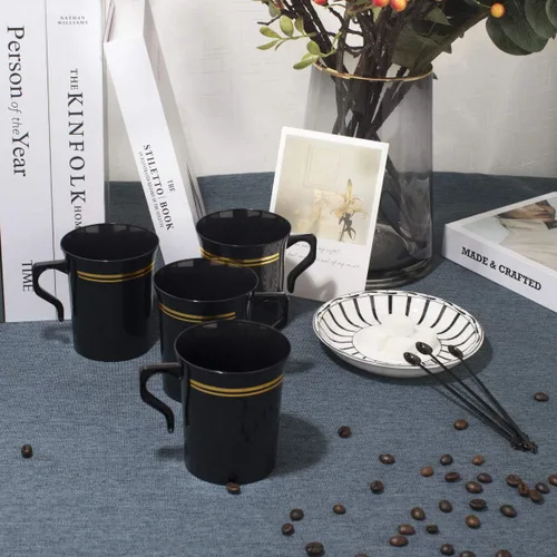 Miniatura 6 de Nervure Paquete de 60 tazas de café de plástico negro con 60 agitadores de café negros, tazas de café desechables de 8 onzas con asas y agitadores