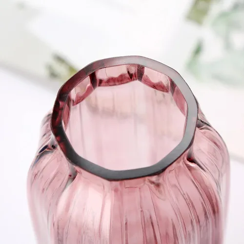 Miniatura 6 de Florero grande de cristal rosa acanalado – Jarrón decorativo de piso de 12.0 pulgadas para centros de mesa del hogar y casa de campo B Estilo-rosa