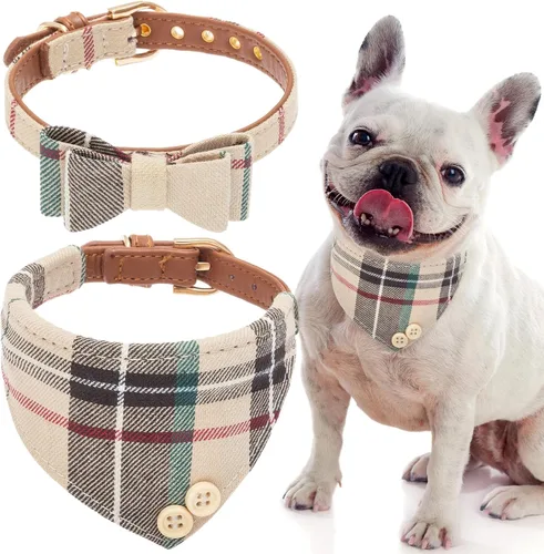 Miniatura 24 de EXPAWLORER Juego de collar y correa para perro - Corbata de moño clásica a cuadros para perro y collar bandana para perro con campana, correa