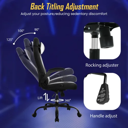 Miniatura 4 de Ruesleag Silla ergonómica para juegos de PC, silla de oficina con soporte lumbar, reposabrazos abatibles, reposacabezas de piel sintética, silla