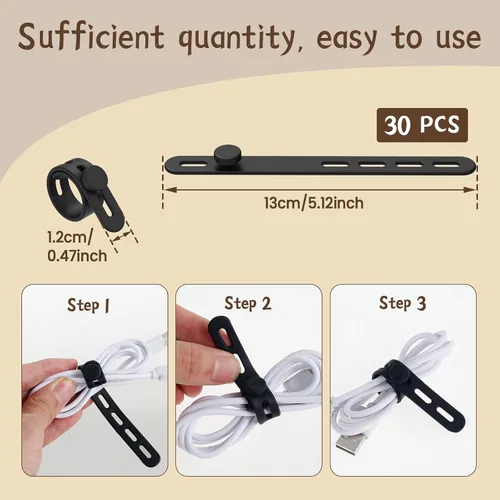 Miniatura 6 de 30 bridas de silicona para cables, organizador de cables reutilizable, amarre ajustable para cables de carga, organizador de cables de silicona