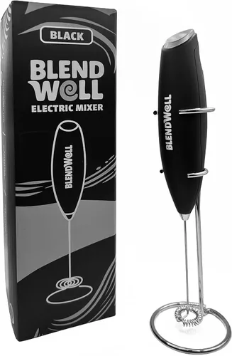 Miniatura 2 de BlendWell Espumador de leche eléctrico para matcha y café, mezclador de bebidas de mano con batería, con soporte, batidor de acero inoxidable, negro